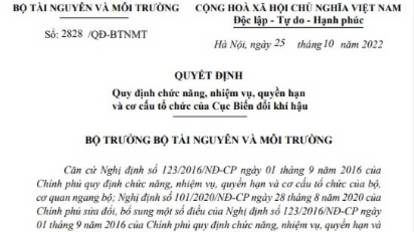 Quyết định số 2828/QĐ-BTNMT ngày 25/10/2022 của Bộ trưởng Bộ Tài nguyên và Môi trường quy định chức năng, nhiệm vụ, quyền hạn và cơ cấu tổ chức của Cục Biến đổi khí hậu