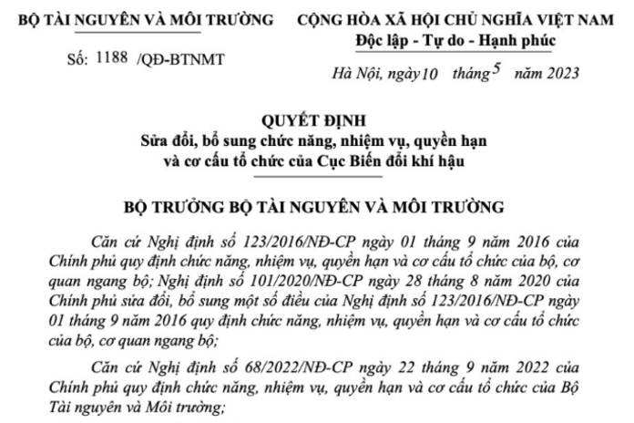 Quyết định số 1188/QĐ-BTNMT ngày 10/5/2023 của Bộ trưởng Bộ Tài nguyên và Môi trường sửa đổi, bổ sung chức năng, nhiệm vụ, quyền hạn và cơ cấu tổ chức của Cục Biến đổi khí hậu